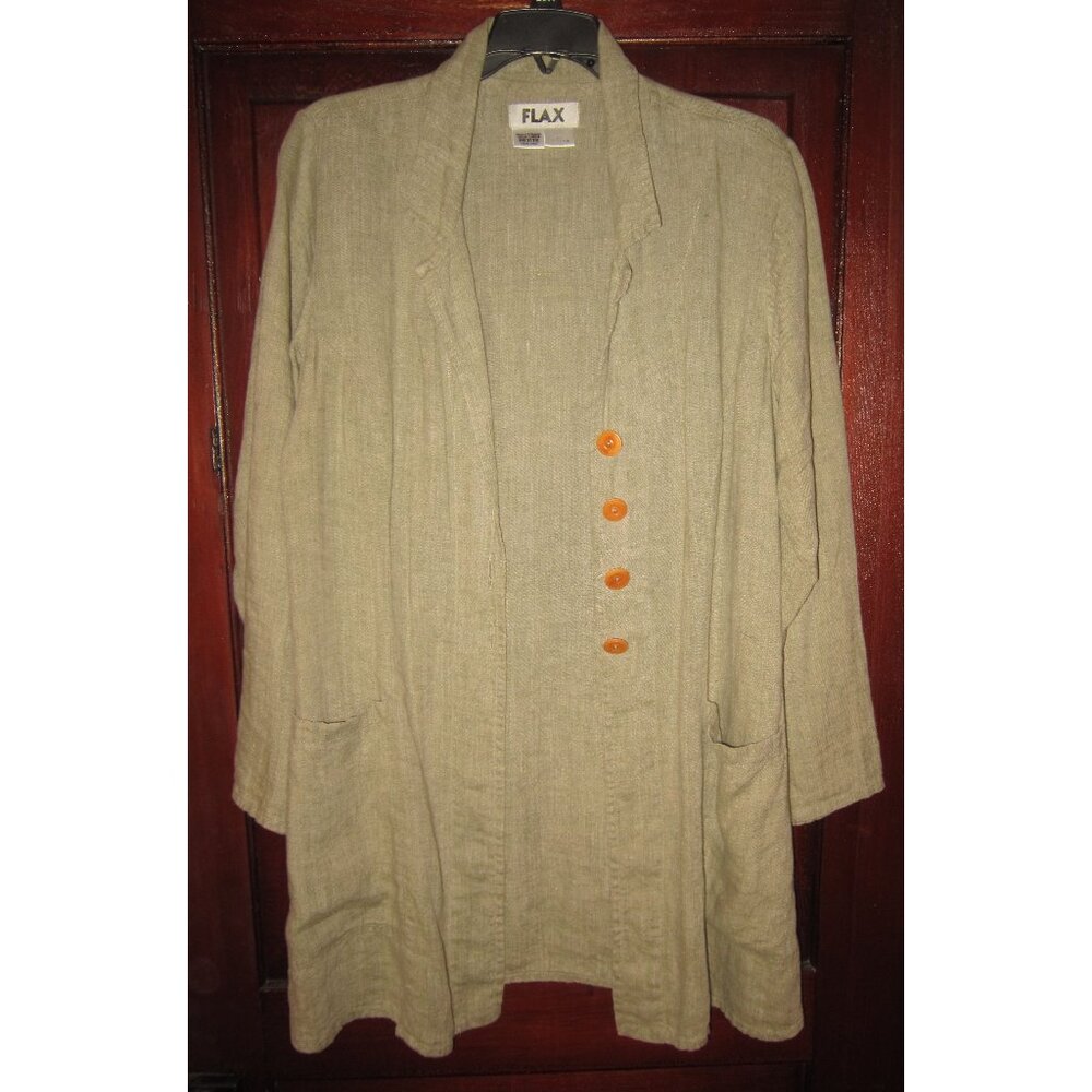 FLAX Sz P S Petite Linen Duster Jacket Coat Light Green Pockets Topper Lithuania